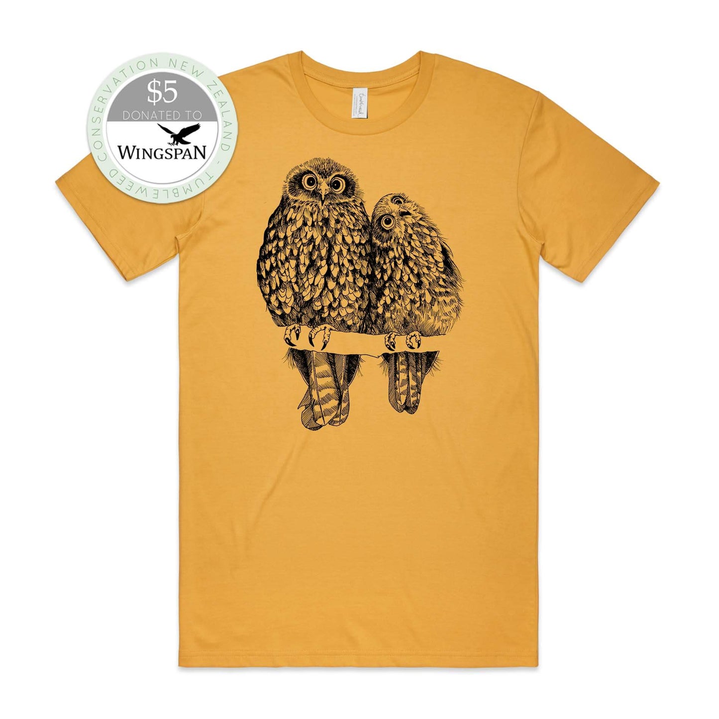 Mustard, female t-shirt featuring a screen printed Morepork/Ruru design.