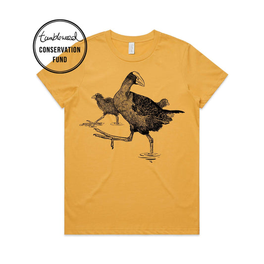 Mustard, female t-shirt featuring a screen printed Pūkeko design.