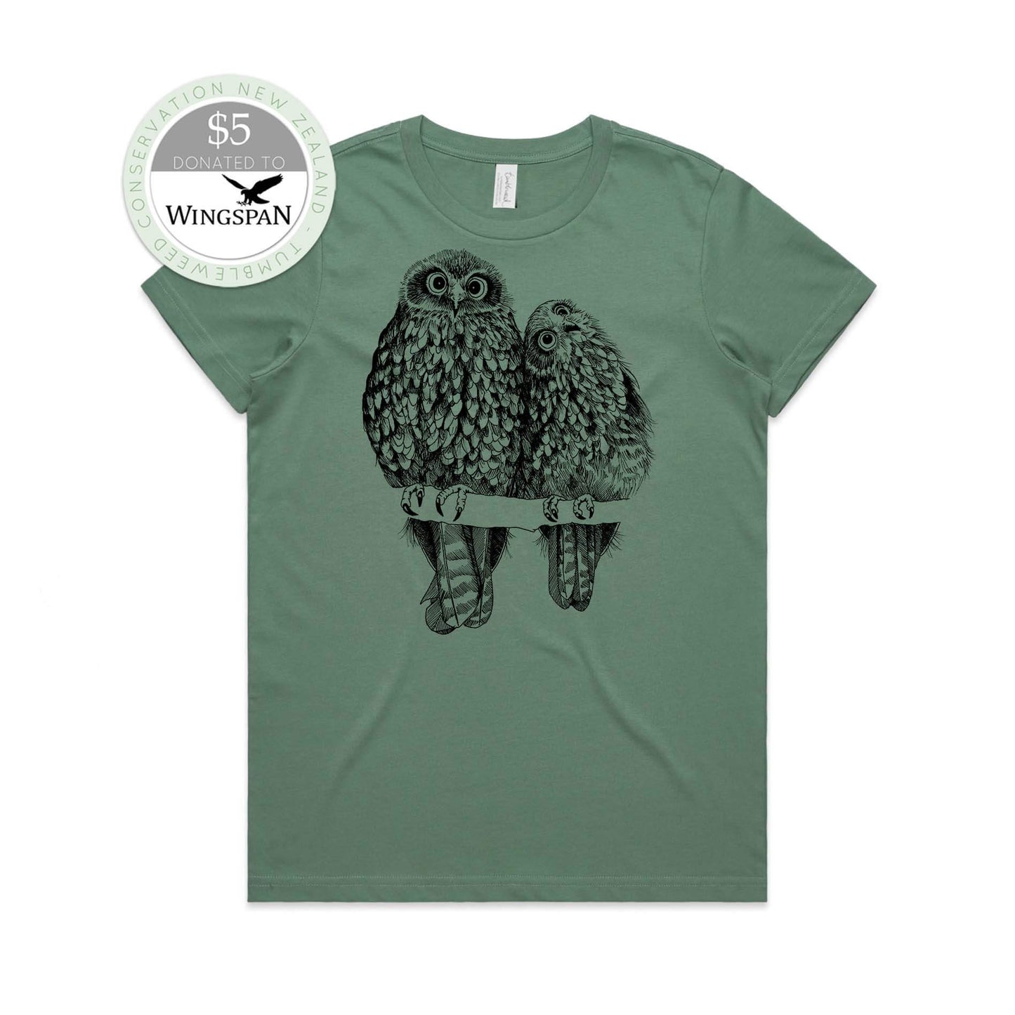 Sage, female t-shirt featuring a screen printed Morepork/Ruru design.
