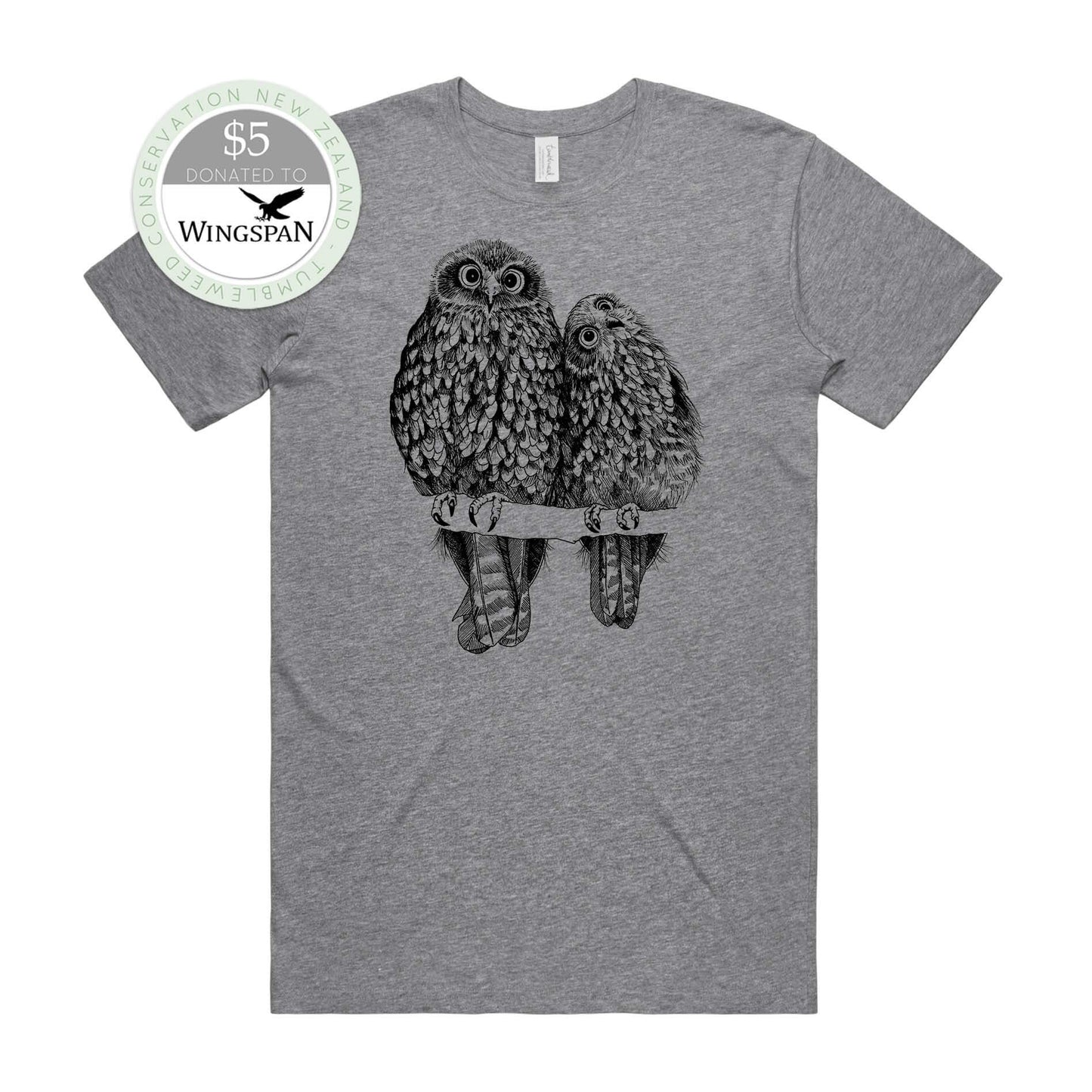 Grey marle, female t-shirt featuring a screen printed Morepork/Ruru design.